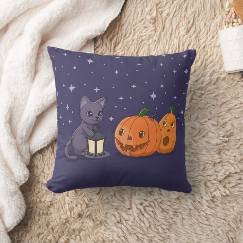 Halloween Black Cat Pumpkins Lantern Purple Throw Pillow