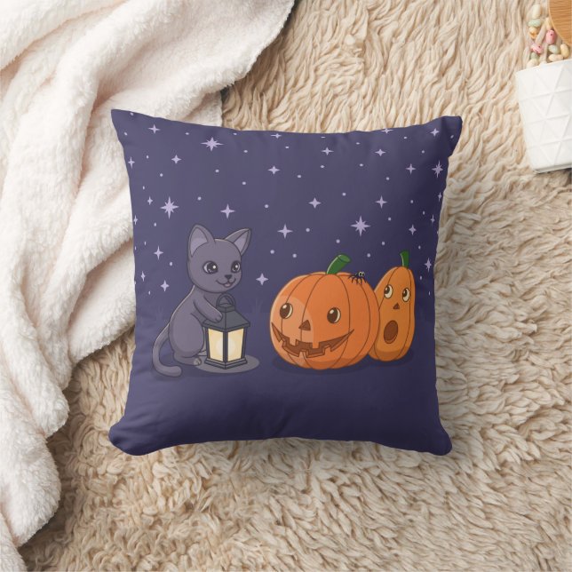 Halloween Black Cat Pumpkins Lantern Purple Throw Pillow (Blanket)