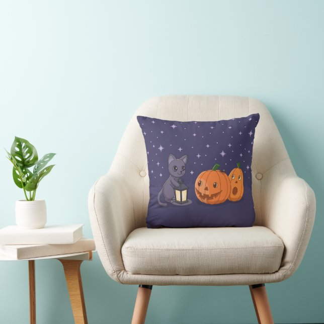 Halloween Black Cat Pumpkins Lantern Purple Throw Pillow (Chair)