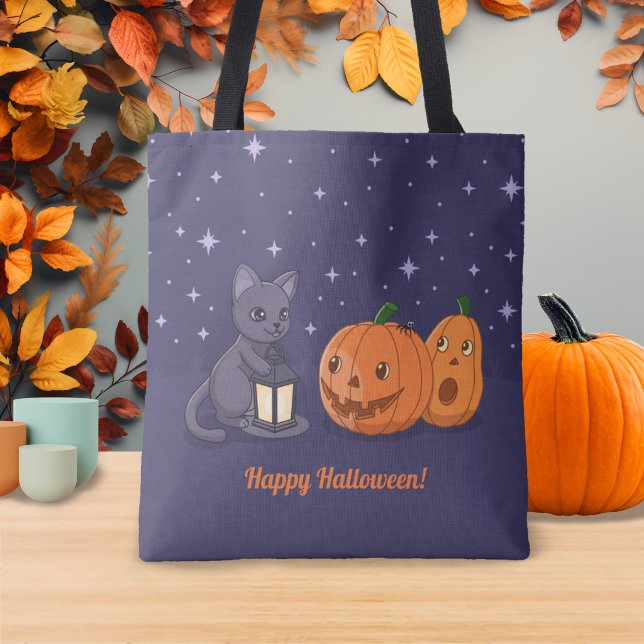 Halloween Black Cat Pumpkins Lantern Purple Tote Bag (Creator Uploaded)