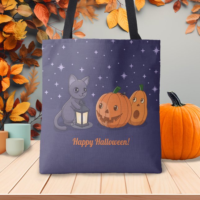Halloween Black Cat Pumpkins Lantern Purple Tote Bag (Creator Uploaded)