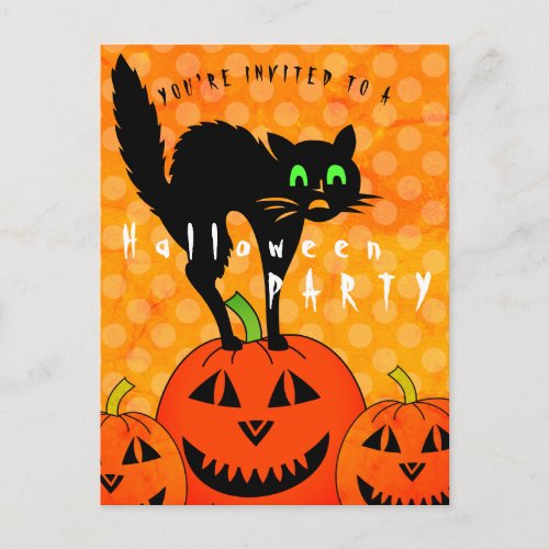 Halloween Black Cat Pumpkins Orange Party Invitation Postcard