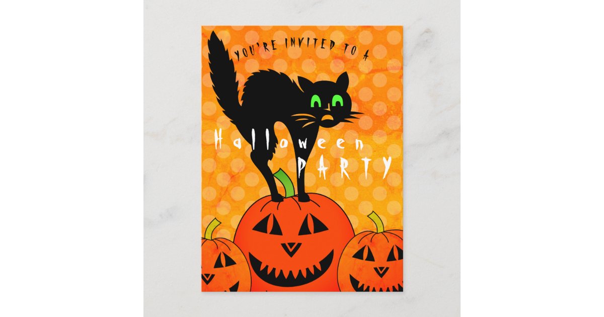 Halloween Black Cat Pumpkins Orange Party Invitation Postcard | Zazzle