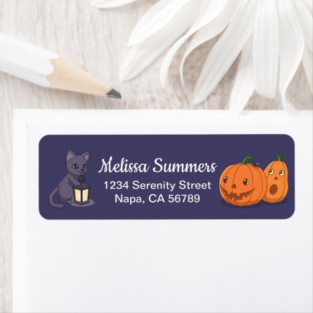 Halloween Black Cat Pumpkins Purple Return Address Label (Insitu)