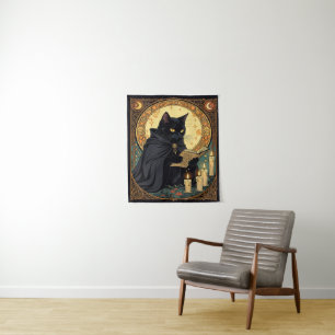 Halloween Black Cat Reading A Book Tapestry