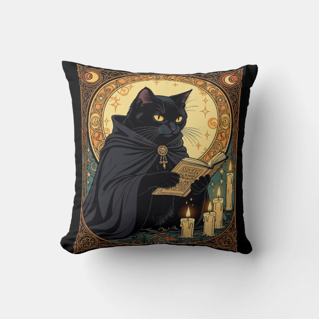 Halloween Black Cat Reading A Book Throw Pillow (Front)