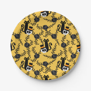 Halloween Black Cat, Roses and Skulls Paper Plates