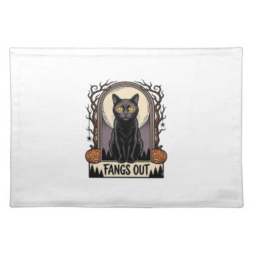 Halloween Black Cat Shirt Vintage Fangs Design_1 Cloth Placemat