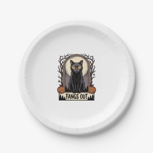 Halloween Black Cat Shirt Vintage Fangs Design_1 Paper Plates