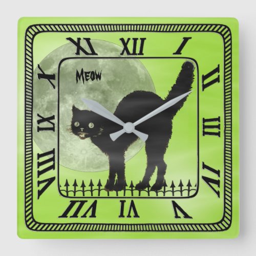 Halloween Black Cat Silhouette  Green Square Wall Clock