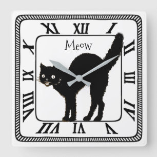 Halloween Black Cat Silhouette Home or Office Deco Square Wall Clock