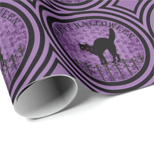 Halloween Black Cat Silhouette on textured Purple Wrapping Paper