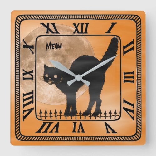 Halloween Black Cat Silhouette  Orange  Square Wall Clock