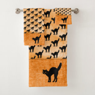 Halloween Black Cat Silhouette Pattern Orange BG Bath Towel Set