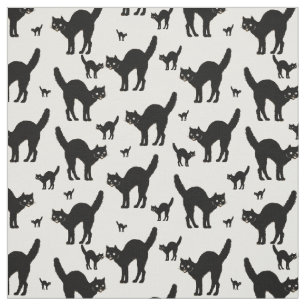 Halloween Black Cat Silhouette Pattern White BG Fabric