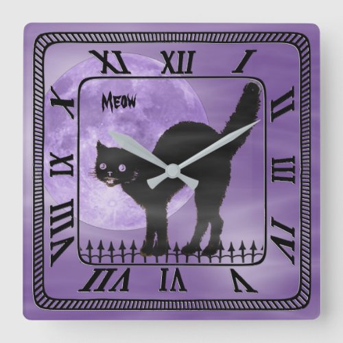 Halloween Black Cat Silhouette  Purple Square Wall Clock
