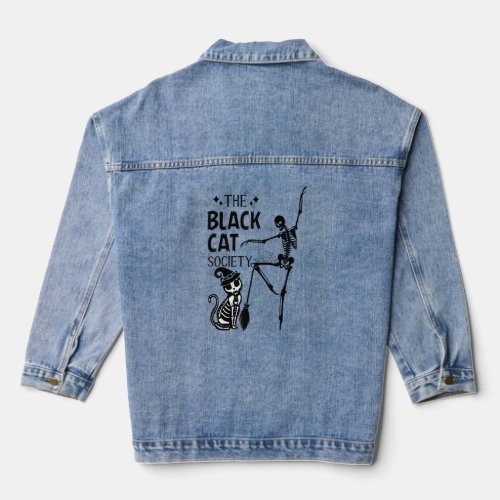 Halloween Black Cat Society Skeleton Dancing  Denim Jacket