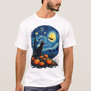 Halloween Black Cat Starry Night Cat Lovers Cat T-Shirt