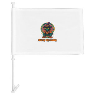 Halloween Black Cat  Stay Spooky Retro Witch Cat w Car Flag