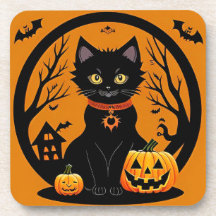 Halloween Black Cat Surrounded by Jack-o'-Lanterns Beverage Coaster