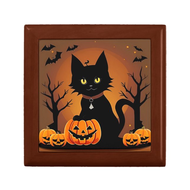 Halloween Black Cat Surrounded by Jack-o'-Lanterns Gift Box (Front)