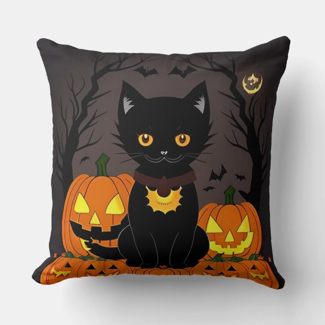Halloween Black Cat Surrounded by Jack-o'-Lanterns Throw Pillow (Front)
