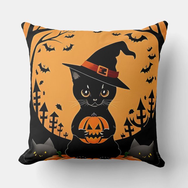 Halloween Black Cat Surrounded by Jack-o'-Lanterns Throw Pillow (Front)