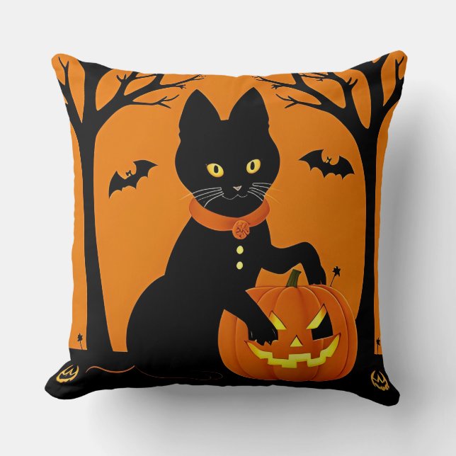 Halloween Black Cat Surrounded by Jack-o'-Lanterns Throw Pillow (Front)