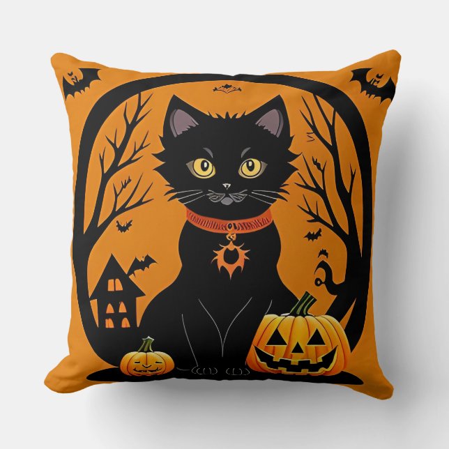 Halloween Black Cat Surrounded by Jack-o'-Lanterns Throw Pillow (Front)