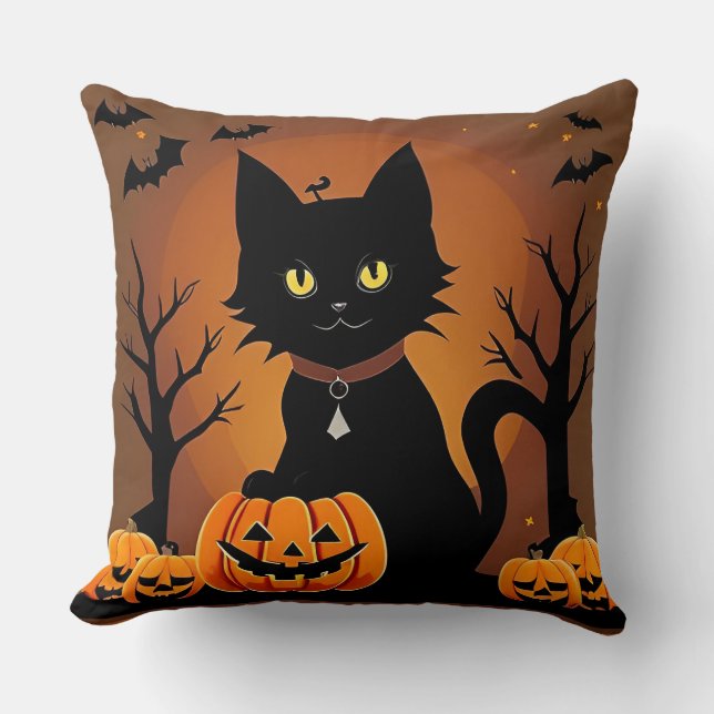 Halloween Black Cat Surrounded by Jack-o'-Lanterns Throw Pillow (Front)