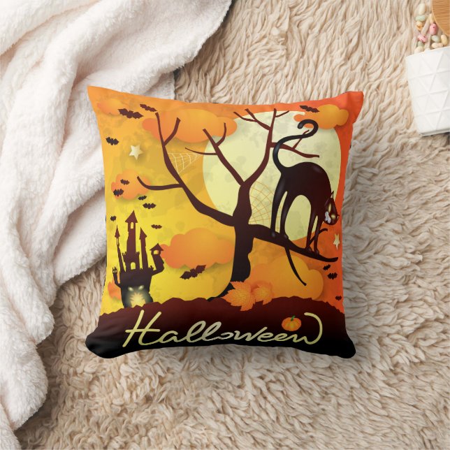 Halloween Black Cat Throw Pillow (Blanket)