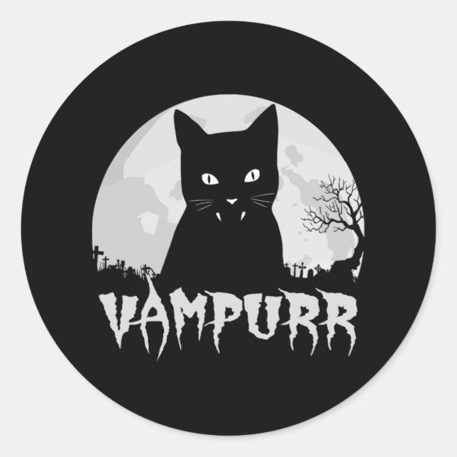 Halloween Black Cat Vampire With Full Moon - Vampu Classic Round Sticker (Front)