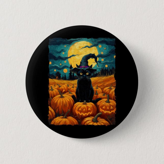 Halloween Black Cat Van Gogh Witch Kawaii Pumpkin  Button (Front)