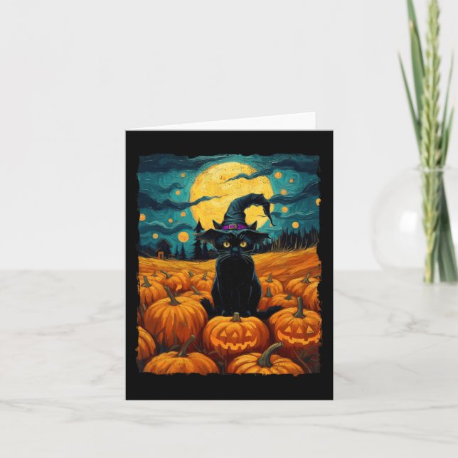 Halloween Black Cat Van Gogh Witch Kawaii Pumpkin  Card (Front)