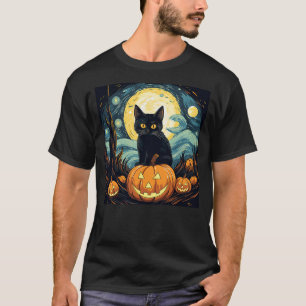 Halloween Black Cat Van Gogh Witch Starry Night Ar T-Shirt