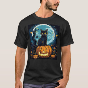 Halloween Black Cat Van Gogh Witch Starry Night Ar T-Shirt