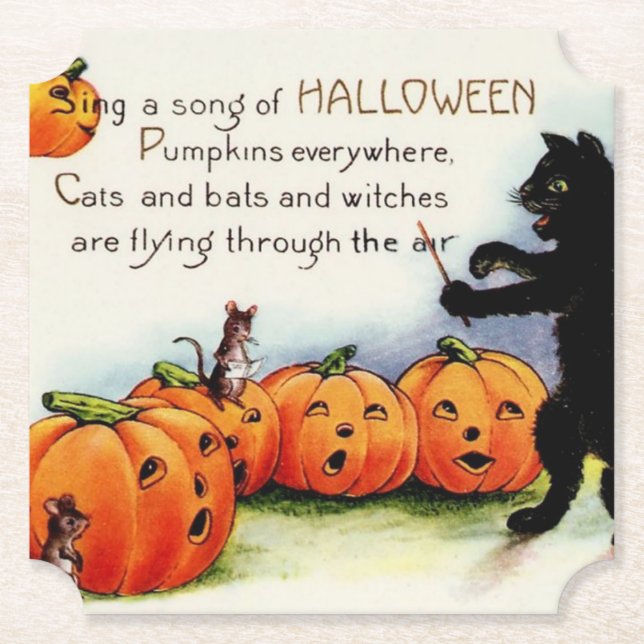 Halloween Black Cat Vintage Paper Coaster (Front)