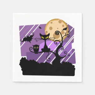 Halloween Black Cat, Whimsical Tree Bat and Moon Napkins