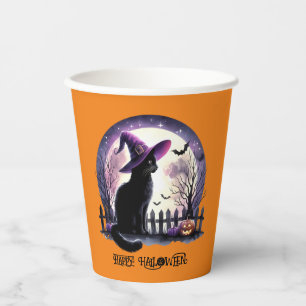 Halloween Black Cat Witch and Bats Paper Cups