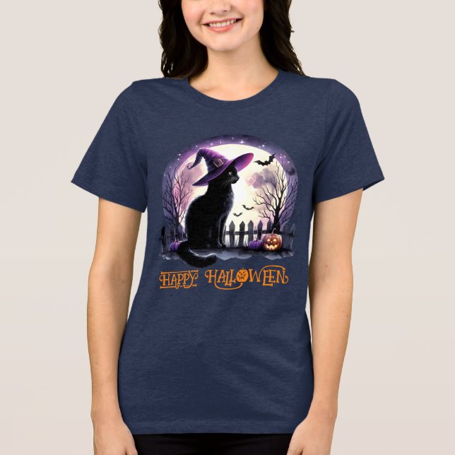 Halloween Black Cat Witch and Bats Tri-Blend Shirt (Front)