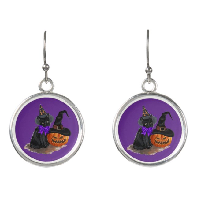 Halloween Black Cat Witch Hat Earrings (Front)