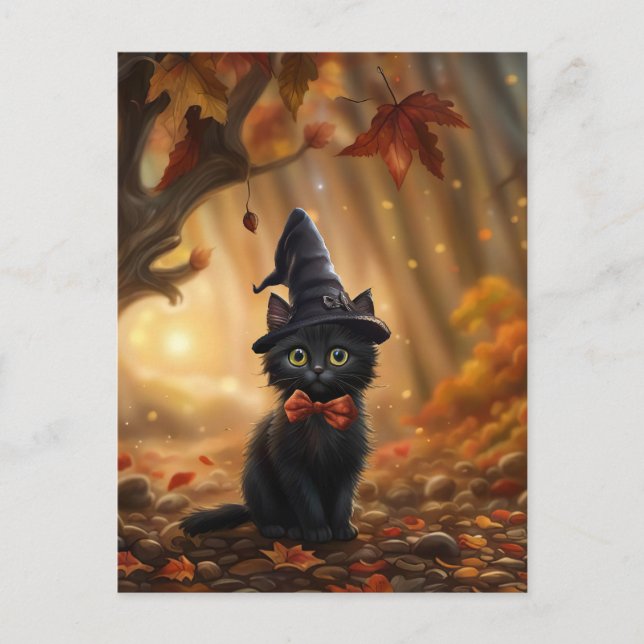 Halloween Black Cat Witch Hat Fall Leaves Cute Holiday Postcard (Front)