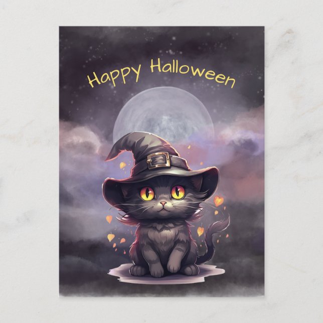 Halloween Black Cat Witch Hat Illustration Holiday Postcard (Front)