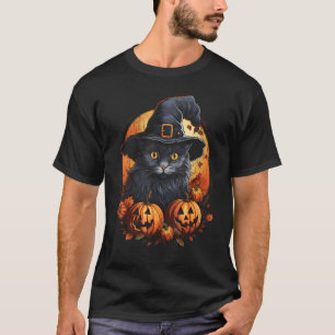 Halloween Black Cat Witch Hat Jack o Lantern Pumpk T-Shirt