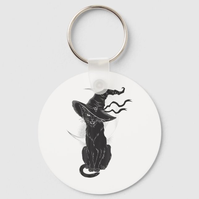 Halloween Black Cat Witch Hat Moon  Keychain (Front)