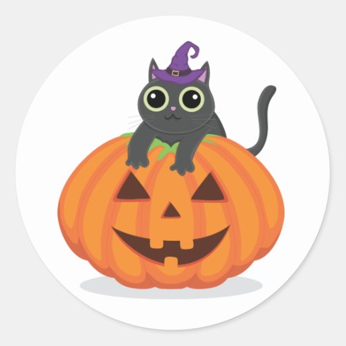 Halloween black cat witch hat pumpkin cartoon classic round sticker