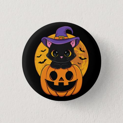 Halloween Black Cat Witch Hat Pumpkin For Kids Gir Button