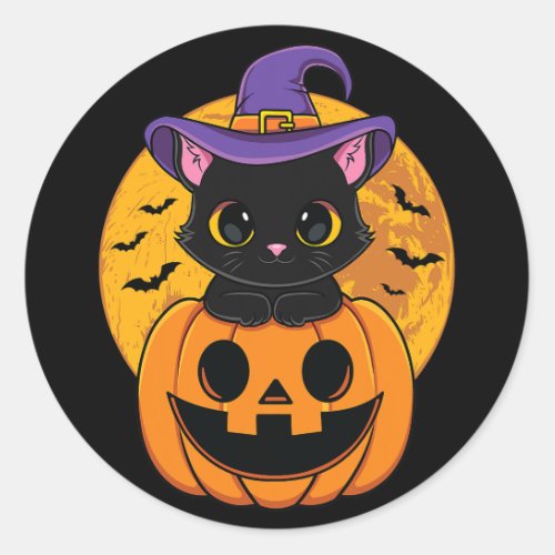 Halloween Black Cat Witch Hat Pumpkin For Kids Gir Classic Round Sticker