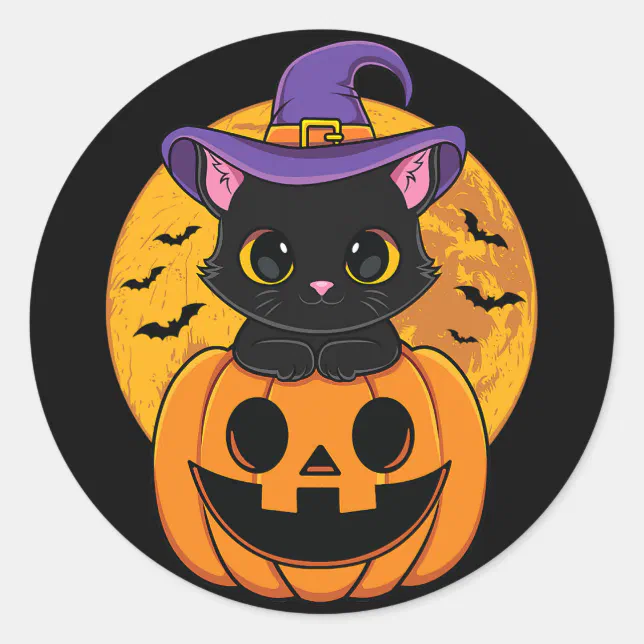 Halloween Black Cat Witch Hat Pumpkin For Kids Gir Classic Round ...