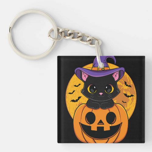 Halloween Black Cat Witch Hat Pumpkin For Kids Gir Keychain